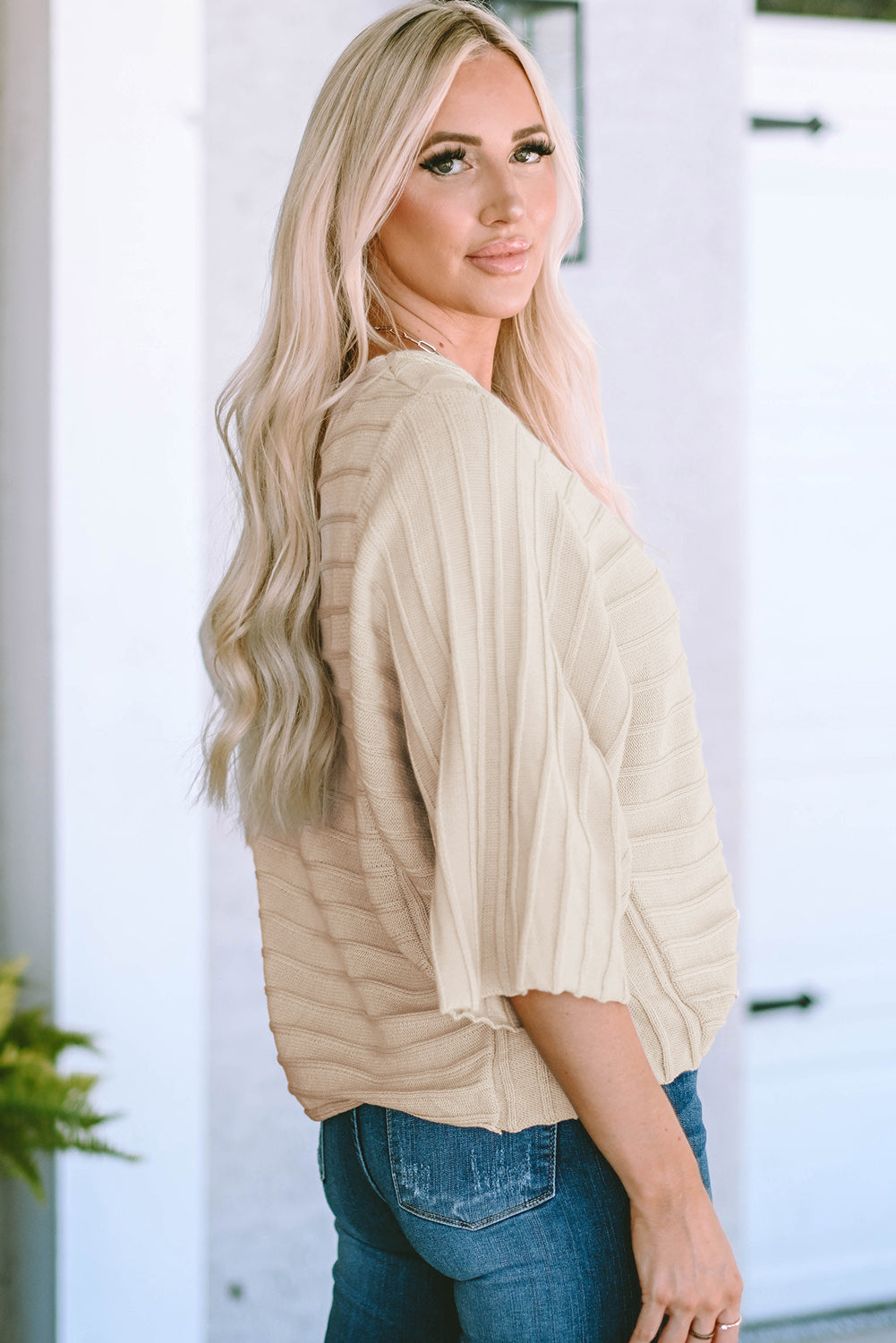 Green Exposed Seam Ribbed Knit Dolman Top