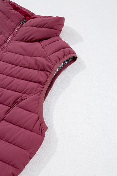 Burgundy Plush Collared Quilted Zipped Puffer Vest