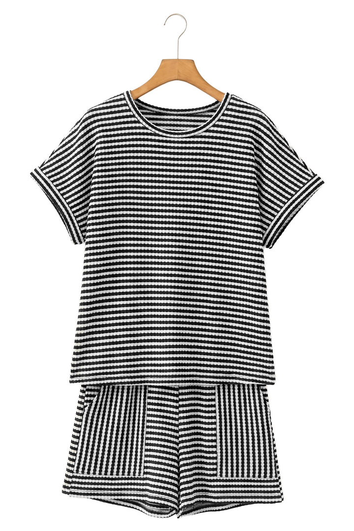 Brown Stripe Breathable Textured Knit Short 2pcs Set