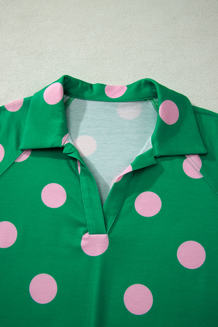 Beige Polka Dot Print V Neck Tee Short Set