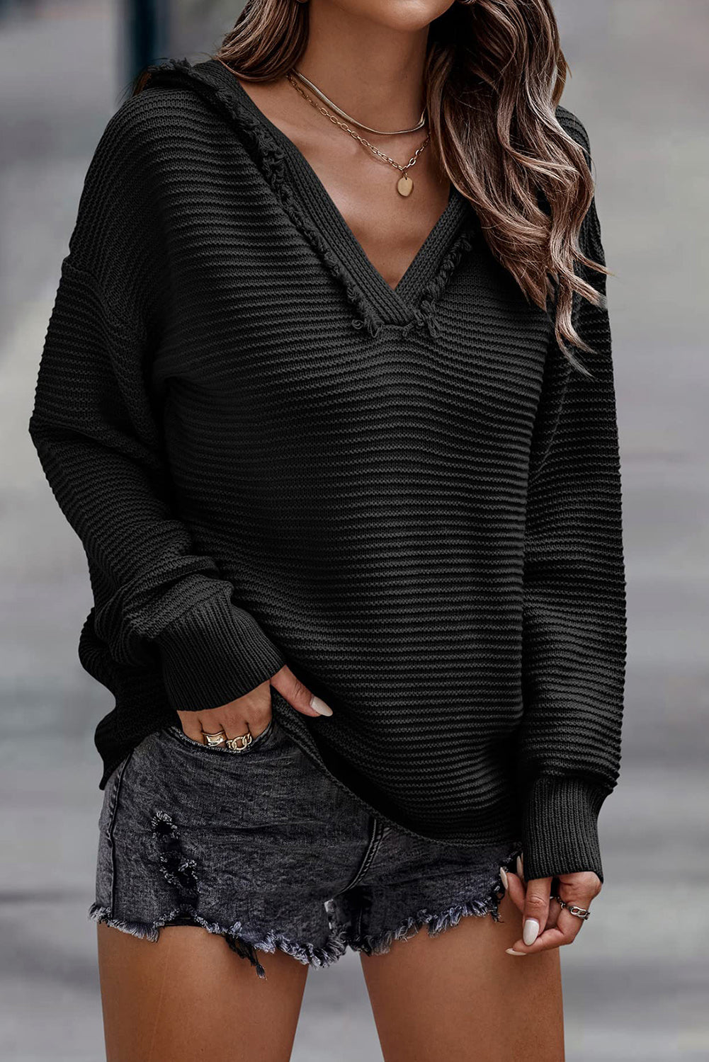 Collins v Neck Ribbed Drop Shoulder Hooded Sweater