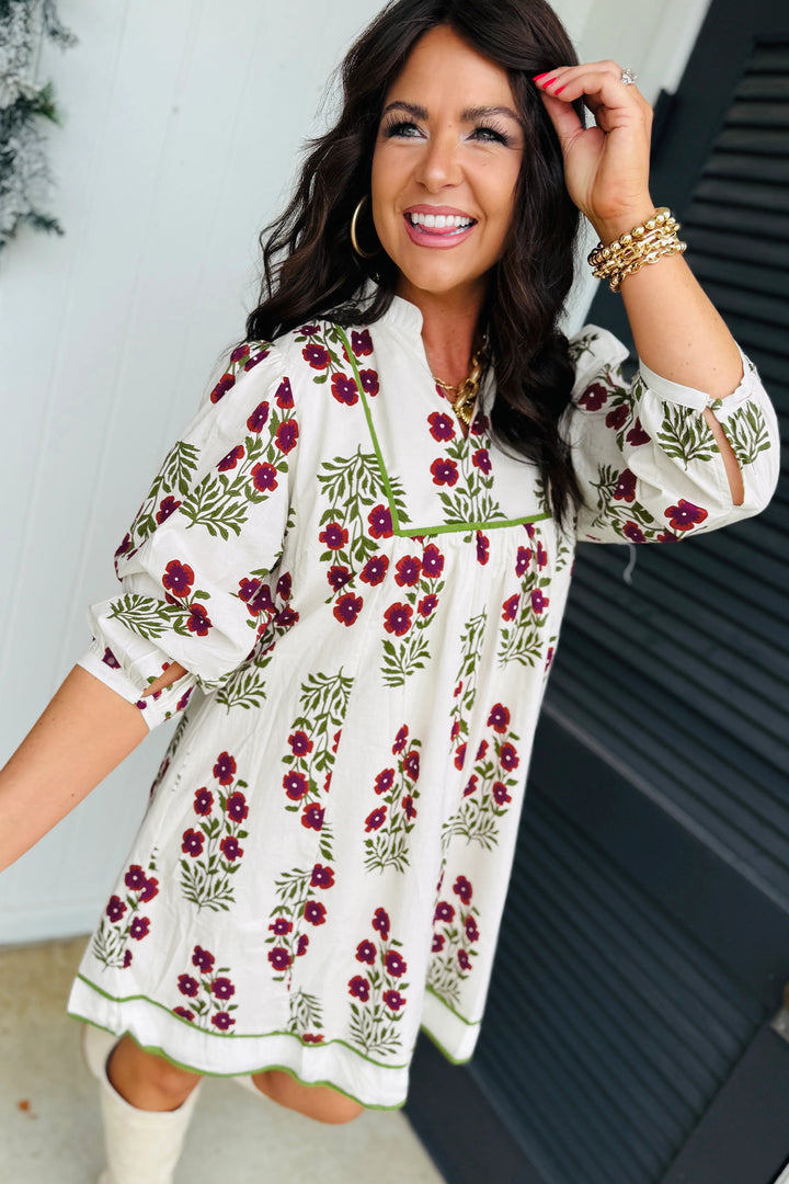 White Frilled V Neck 3/4 Sleeve Loose Floral Dress