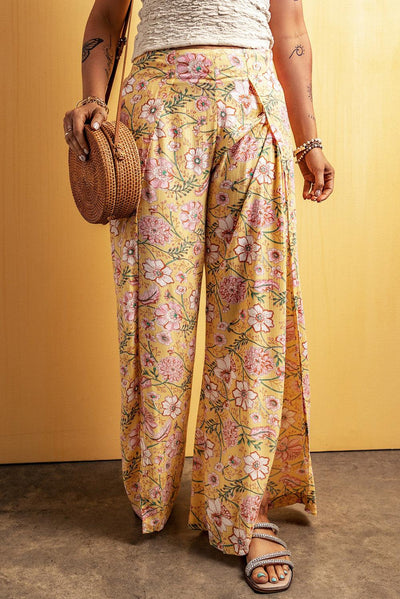 Yellow Floral Print High Slit Wide Leg Pants