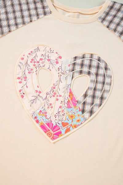 Beige Plaid Floral Peace Heart Graphic Wide Long Sleeve Top