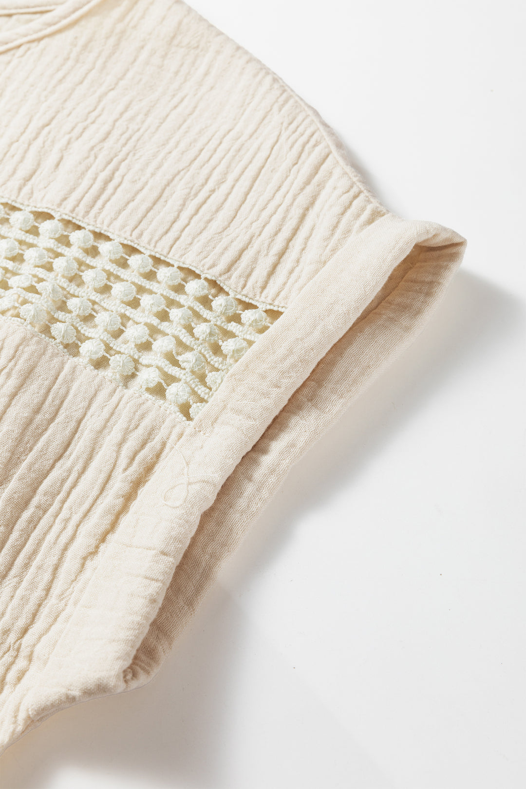 Beige Crochet Insert Textured Cotton Short Sleeve Blouse Top