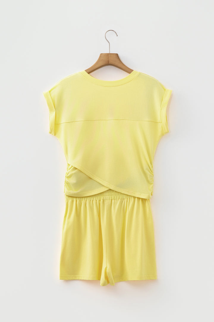 Mint Green Solid Short Sleeve Elastic Waist Pocket Casual Two Piece Short Set
