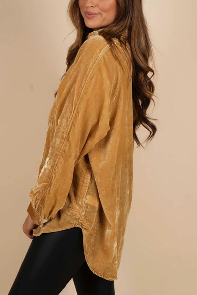 Gold Solid Color Button Up Loose Fit Velvet Shirt