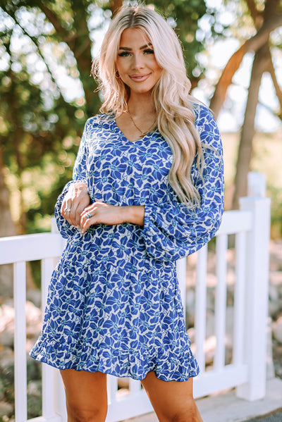 Blue Sky Blue/Blue/Apricot V Neck Lantern Sleeves Floral Tunic Dress