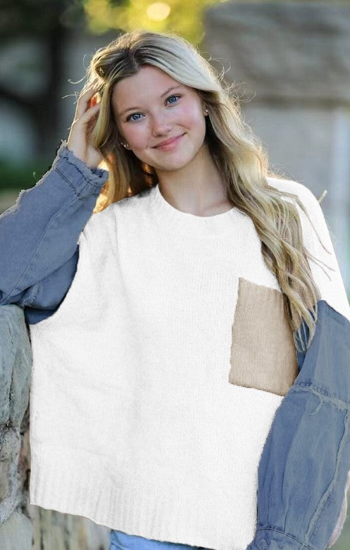 Denim sleeve knit sweater