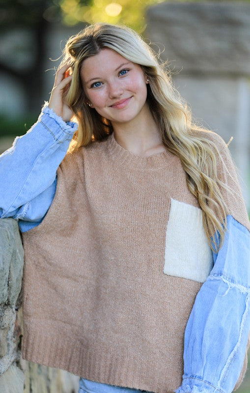 Denim sleeve knit sweater