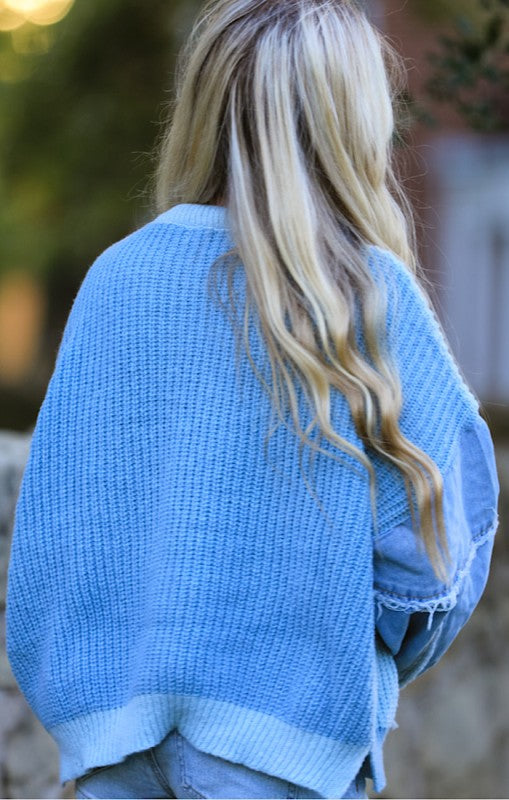 Denim sleeve knit sweater