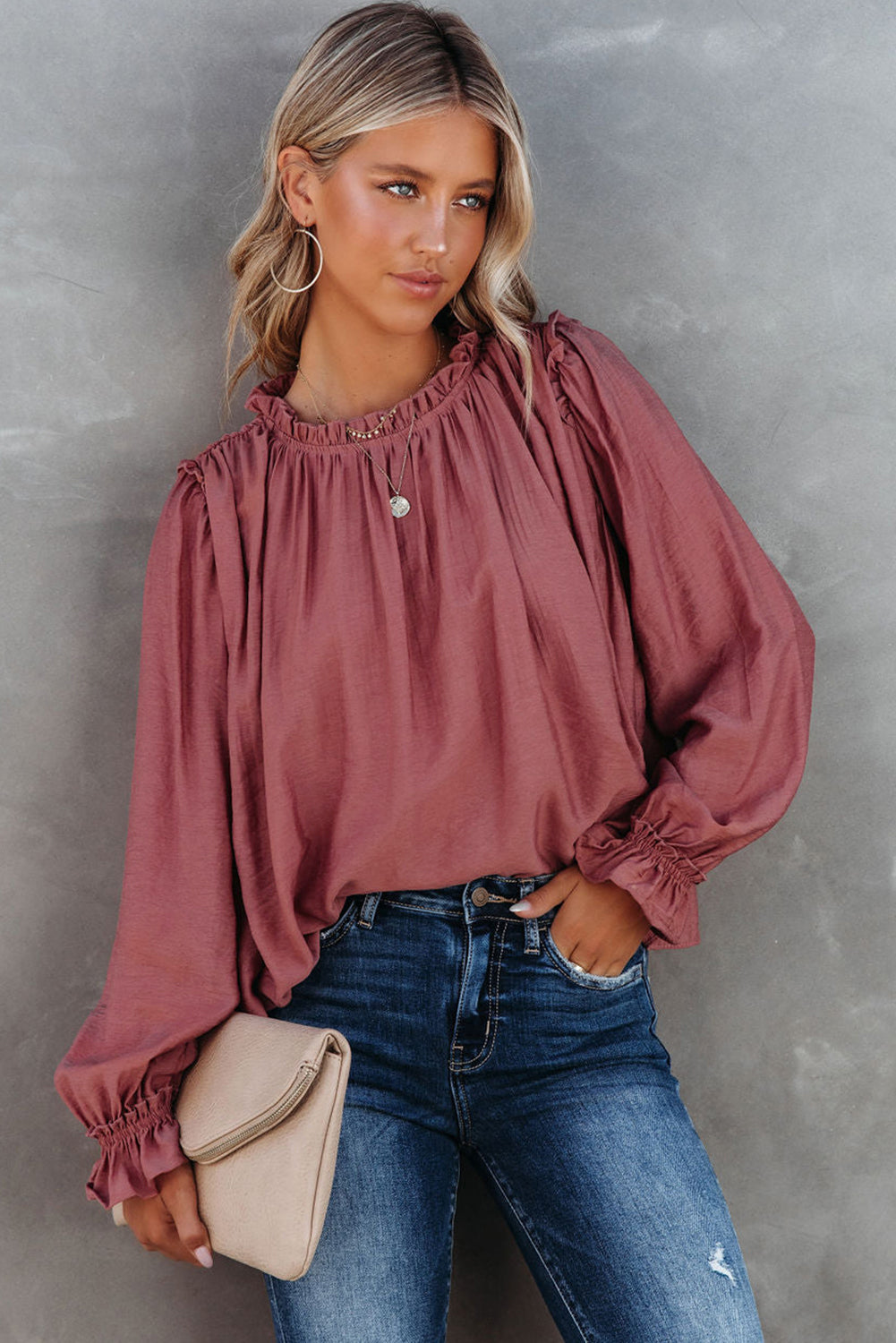 Red Frilled Neck Ruffled Long Sleeve Blouse