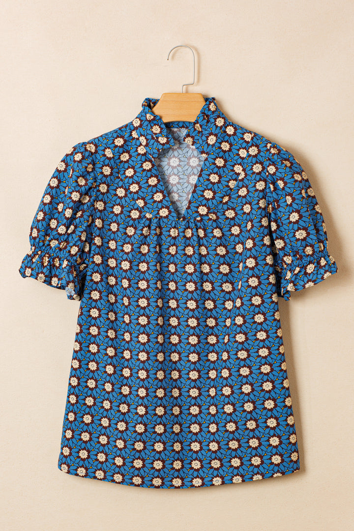 Sky Blue Retro Floral Print V Neck Pleated Detail Short Puff Sleeve Blouse