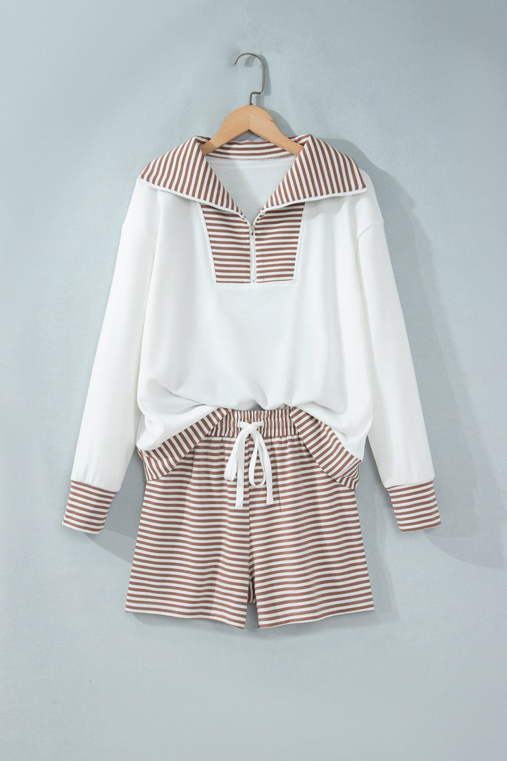 Khaki Stripe Color Block Patchwork Long Sleeve Top Drawstring Shorts Set