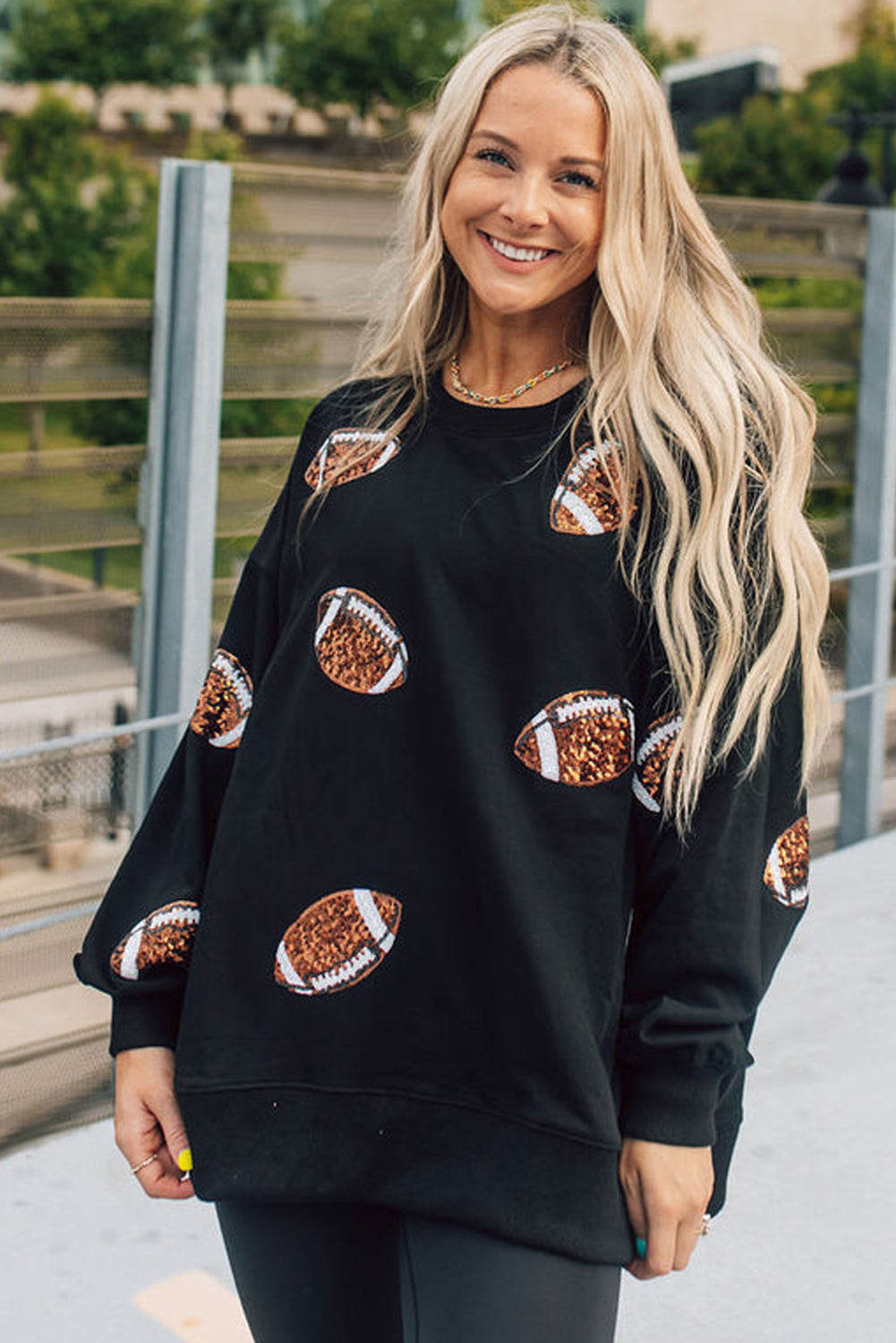 Black Sequin Rugby Football Graphic Pullover Sweatshirt