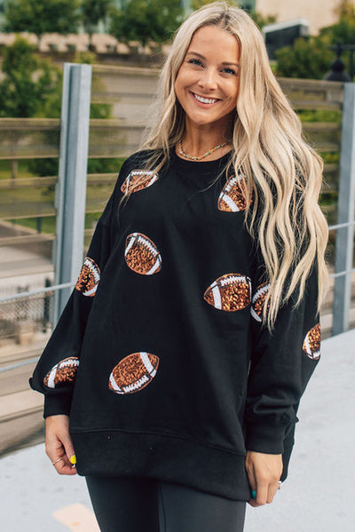 Black Sequin Rugby Football Graphic Pullover Sweatshirt