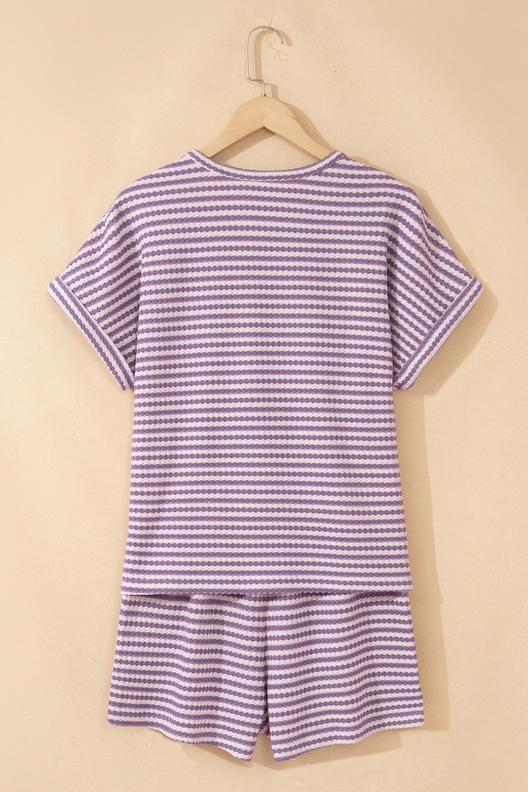 Brown Stripe Breathable Textured Knit Short 2pcs Set