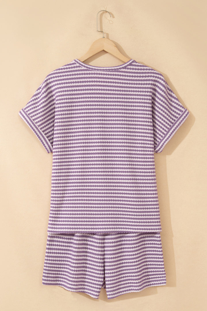 Brown Stripe Breathable Textured Knit Short 2pcs Set