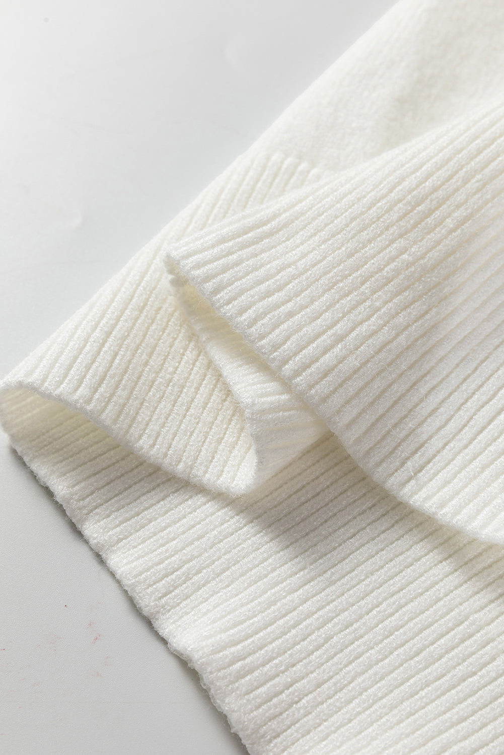 White Fish Scale Textured Knit Ribbed High Neck Short Sleeve Sweater