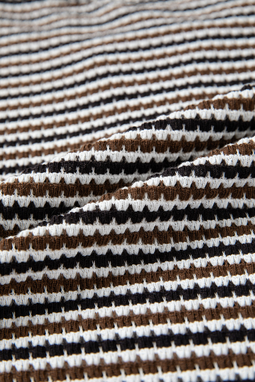 Brown Faux Two Piece Textured Striped Round Neck Long Sleeve T Shirt