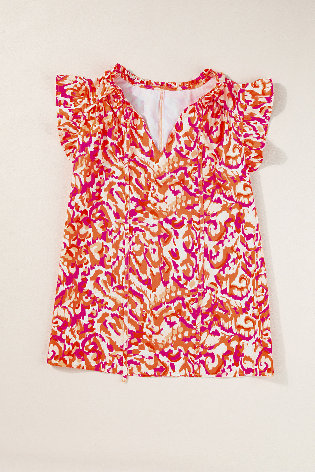 Orange Abstract Print Ruffled Trim Tied Split Neck Tank Top