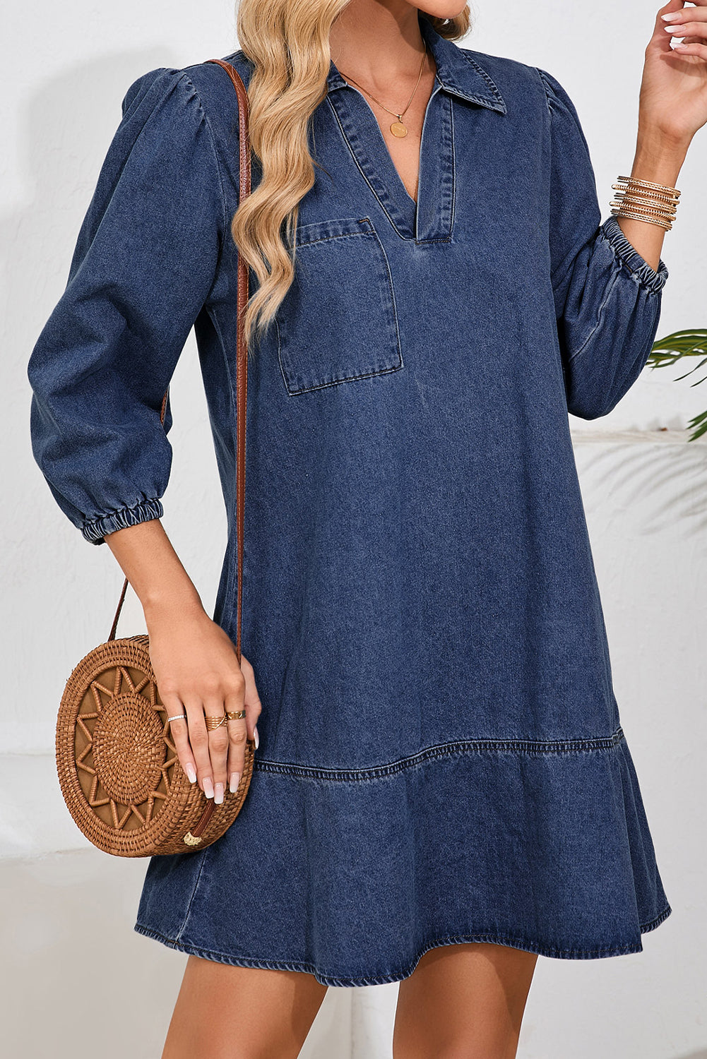 Sail Blue V Neck Collared Single Chest Pocket Long Sleeve Denim Dress
