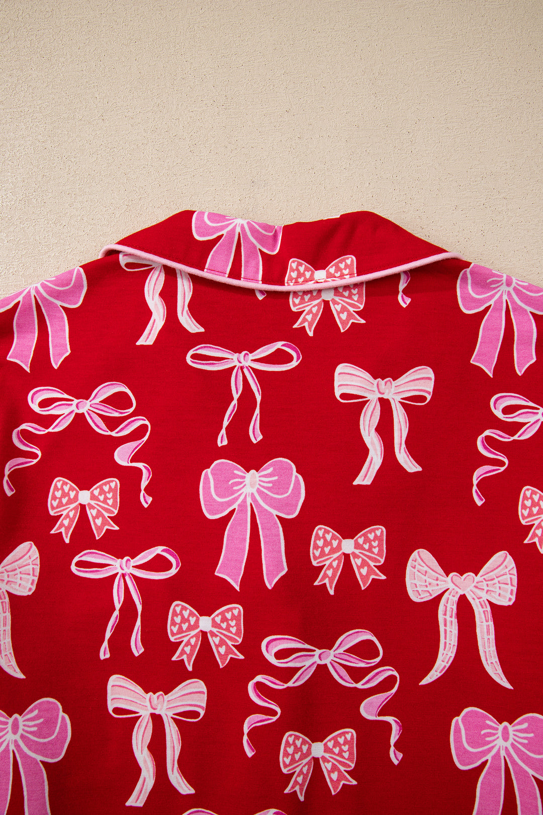 Red Sweet Bow Print Shirt Style Top Long 2pcs Pajama Set