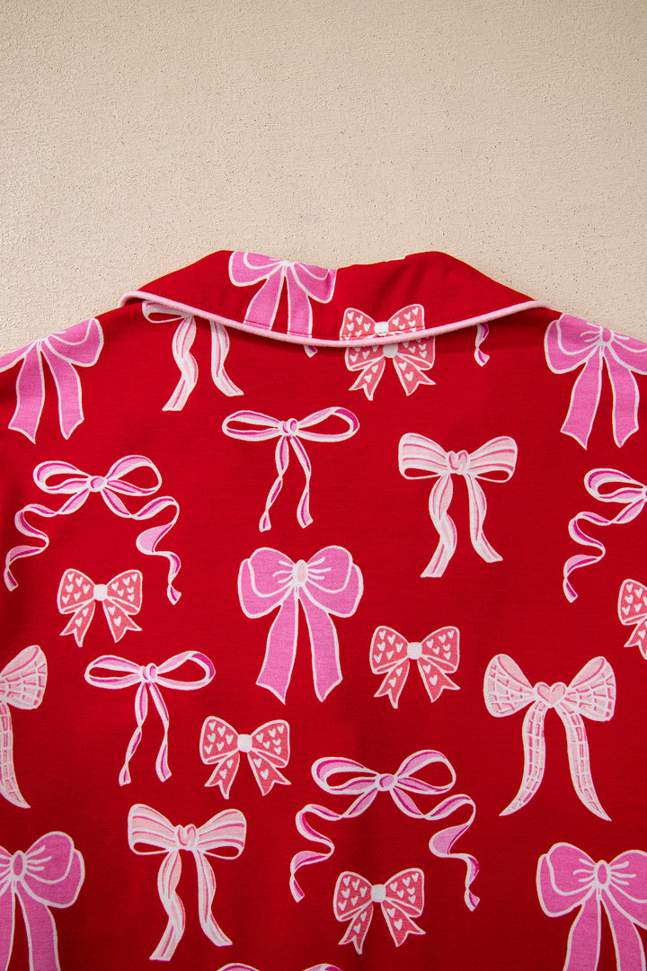 Red Sweet Bow Print Shirt Style Top Long 2pcs Pajama Set