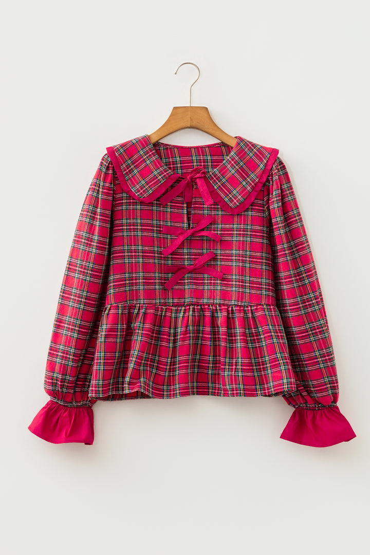 Red Plaid Tie Neck Ruffle Cuffs Long Sleeve Shift Blouse