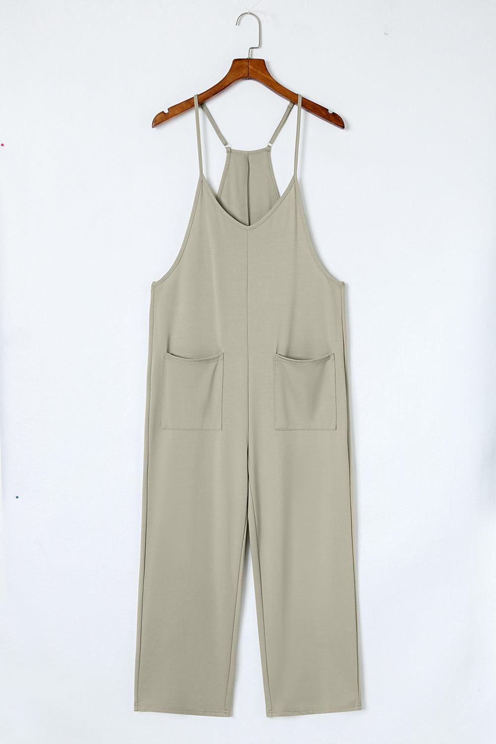 Green Pocketed Adjustable Spaghetti Strap Straight Leg Jumpsuit