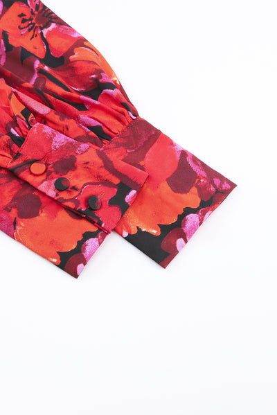 Fiery Red Floral Print Lantern Sleeve Shirt