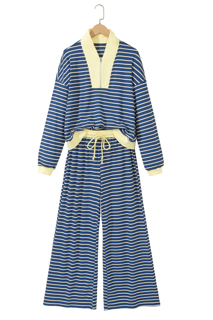 Blue Stripe Color Block Patchwork Zip V Neck Pullover Loose Pants 2pcs Set