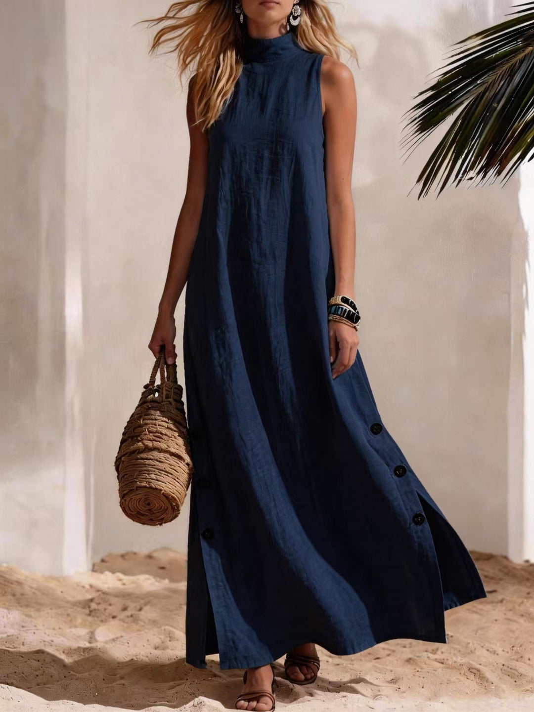 Cotton Linen Sleeveless Midi Dress – Side Slits &amp; Loose Fit