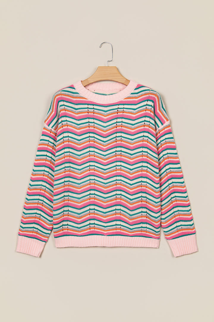 Multicolour Casual Chevron Striped Drop Shoulder Sweater