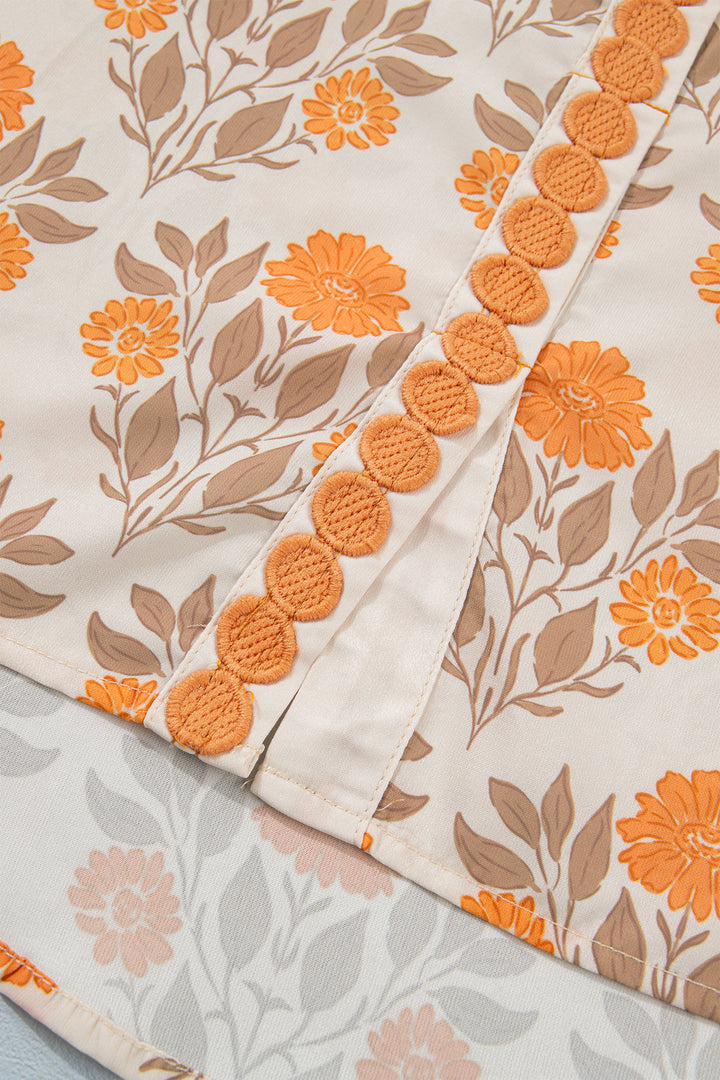 Orange Floral Print Contrast Detail V Neck Long Sleeve Blouse