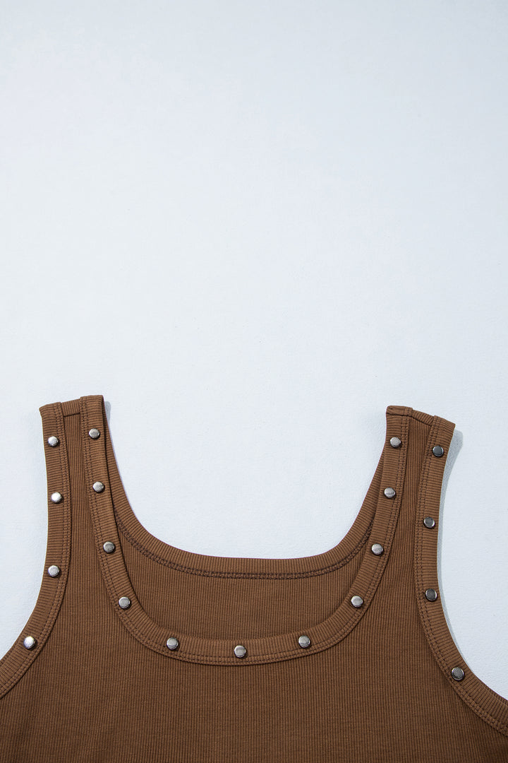Dark Brown Studded Scoop Neck Ribbed Tank Top