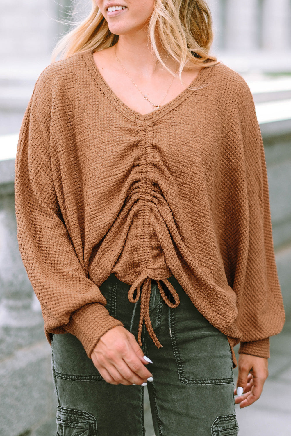 Brown V-Neck Drawstring Dolman Sleeve Waffle Knit Top