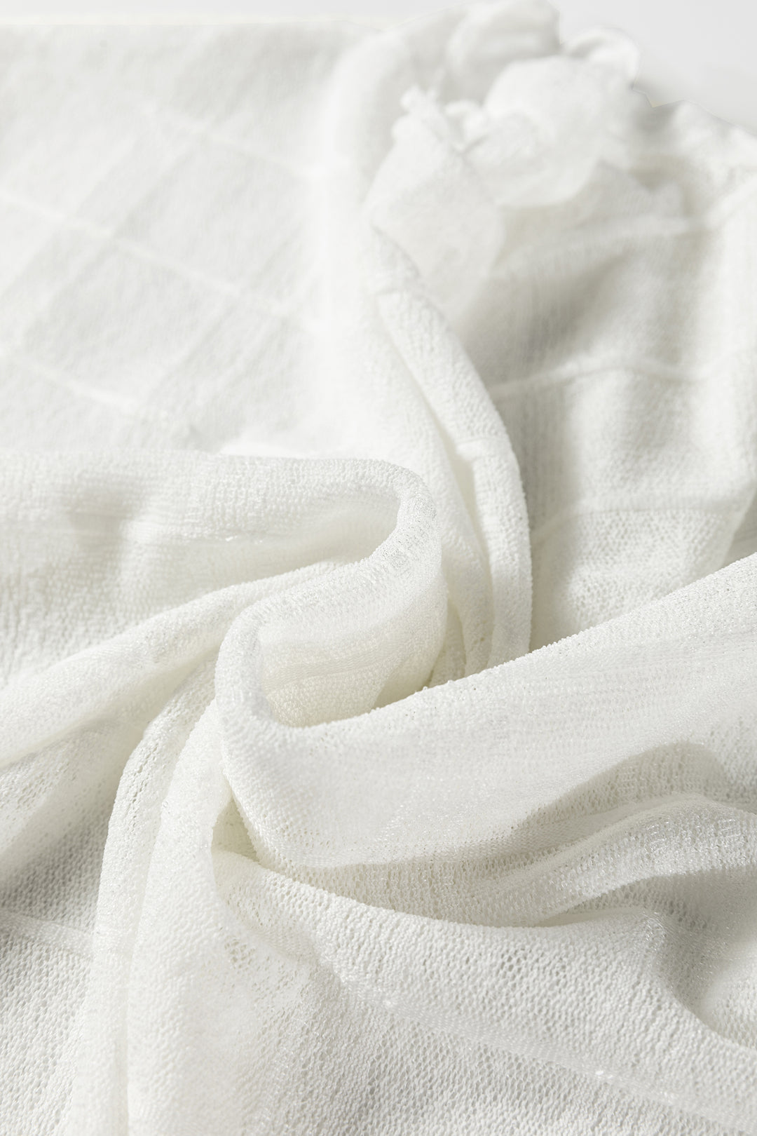 White Sheer Plaid Mesh Lettuce Trim Slim Fit Long Sleeve Top