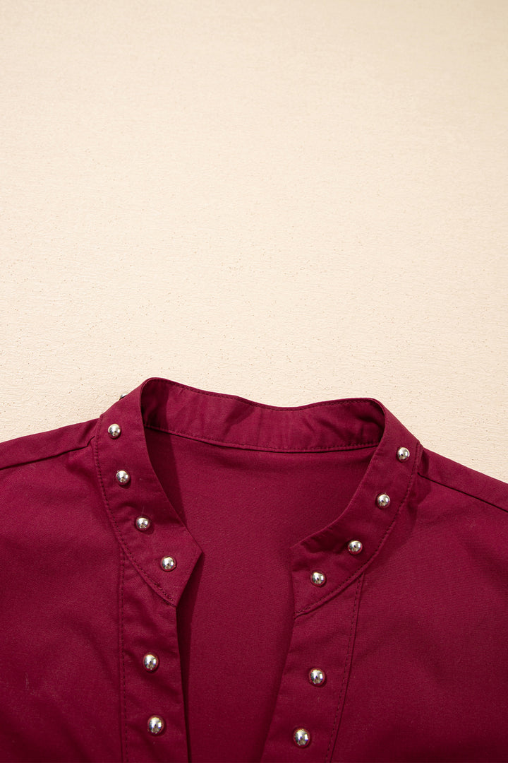 Burgundy Rivet Embellished V Neck Short Puff Sleeve Blouse