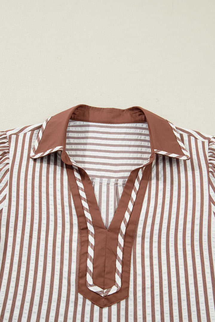 Khaki Stripe Collared Split Neck Short Bubble Sleeve Blouse