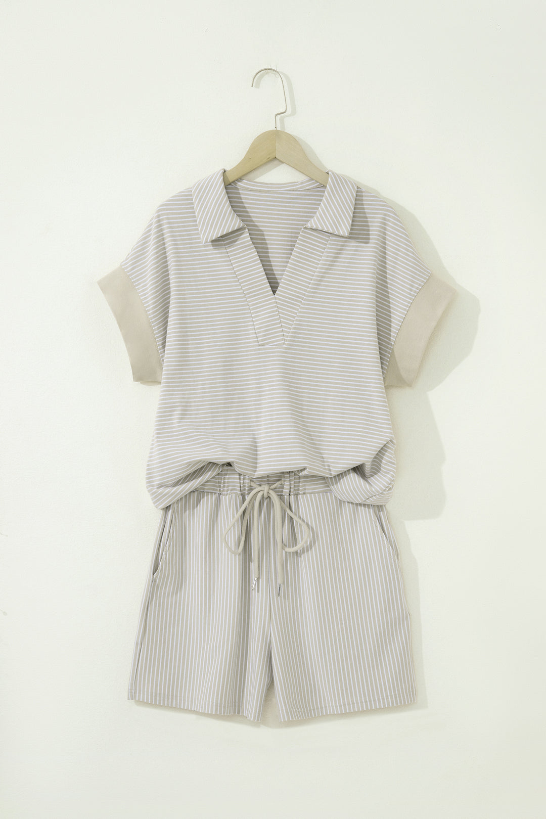 Purple Stripe Dolman Sleeve Polo Shirt and Drawstring Shorts Set