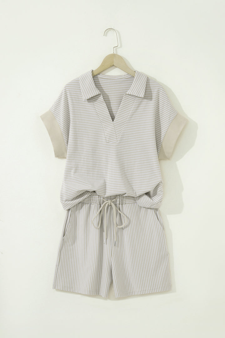 Purple Stripe Dolman Sleeve Polo Shirt and Drawstring Shorts Set