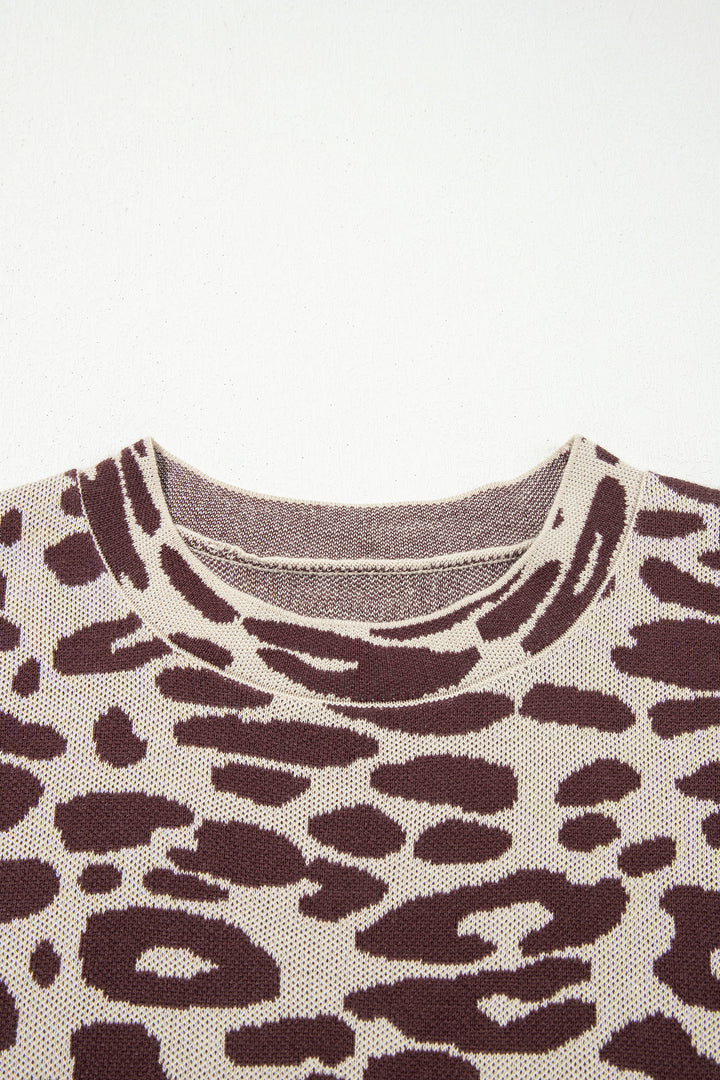 Khaki Leopard Print Short Sleeve Knit Loose Pullover Sweater