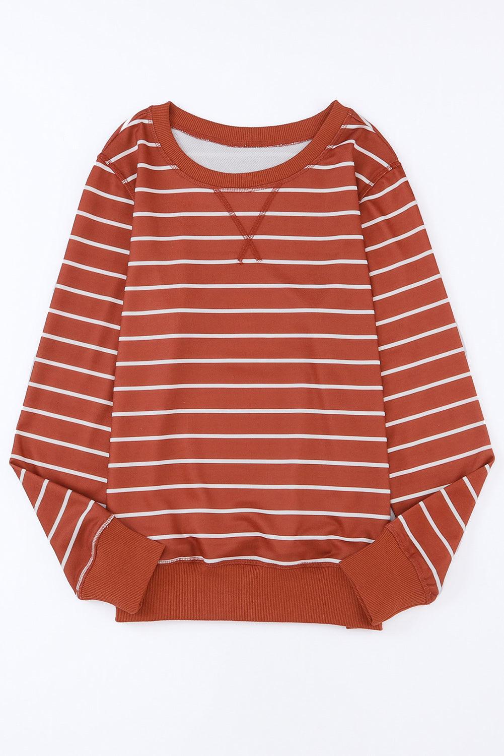 Red Striped Print Ribbed Trim Long Sleeve Top