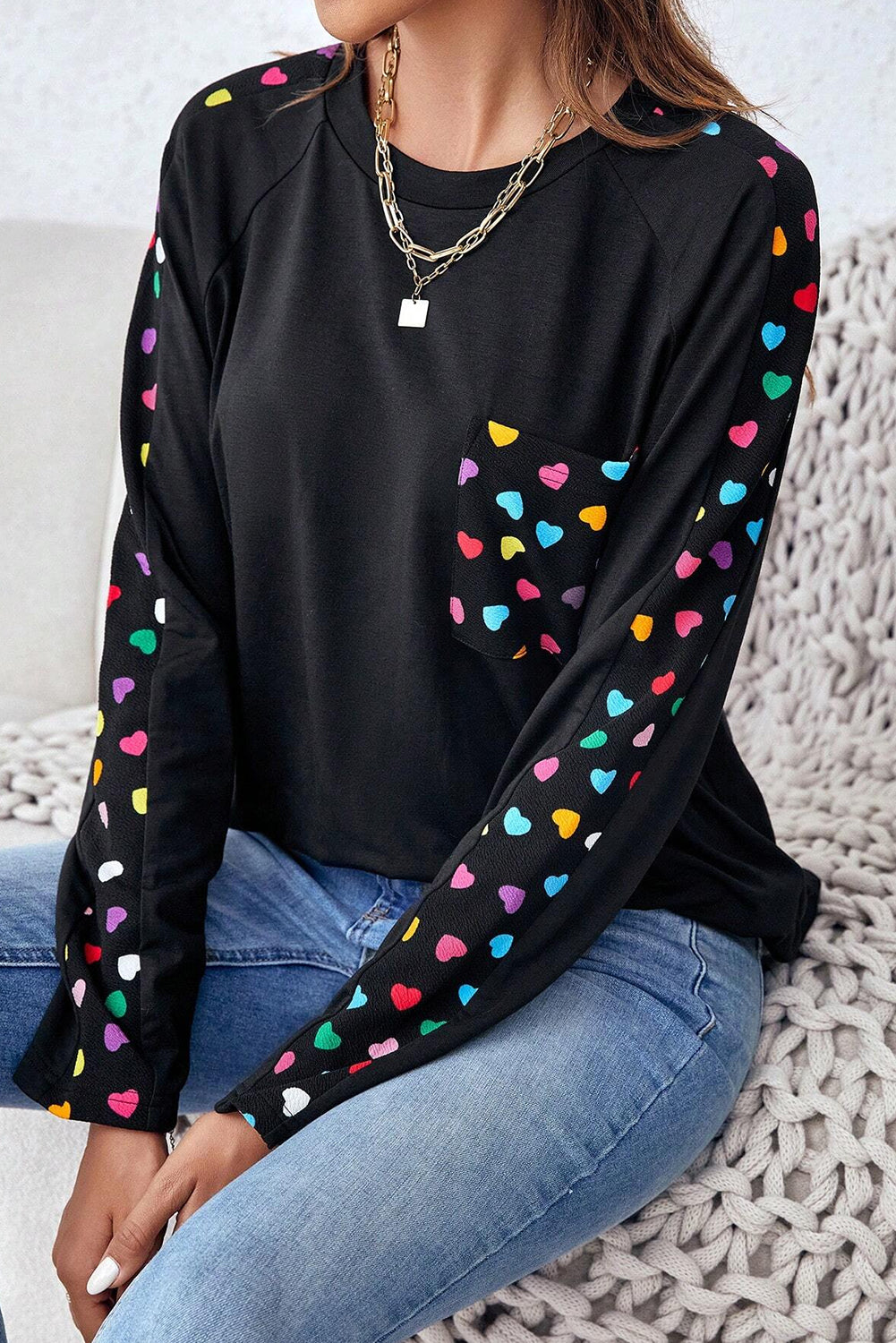 Black Valentine's Day Love Hearts Raglan Sleeve Top