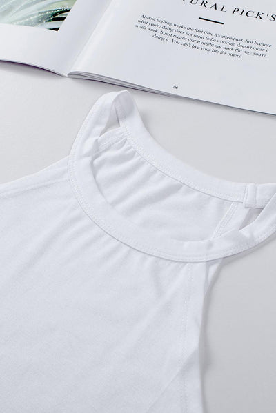 Close-up of neckline on white crew neck tank top