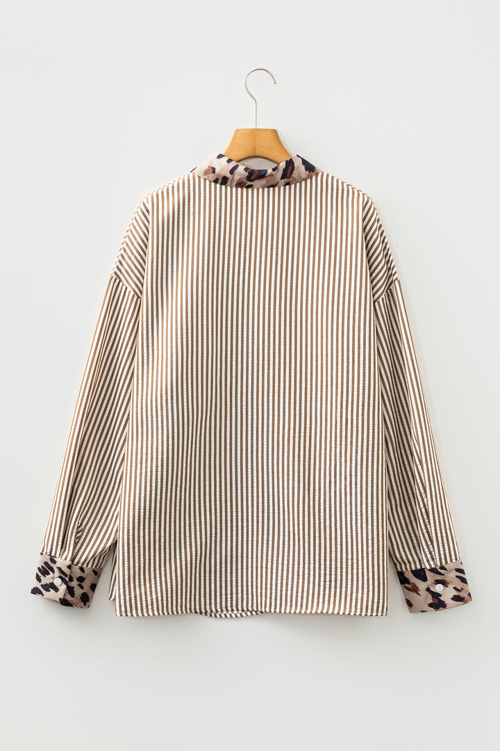 Brown Stripe Leopard Patched Collared Chest Pocket Cuffed Long Sleeve Plus Size Shirt