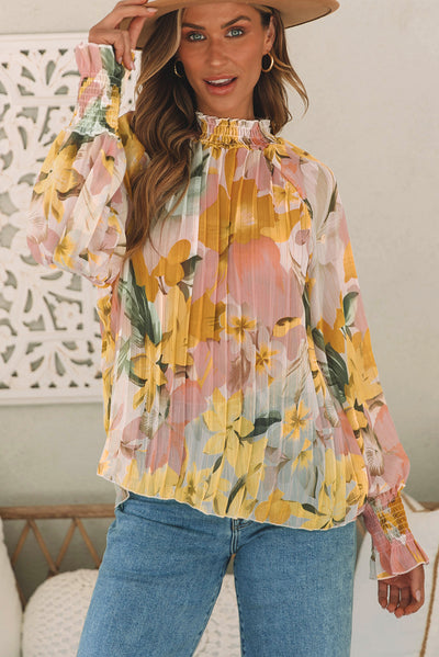 Yellow Floral Print Flounce Sleeve Mock Neck Blouse