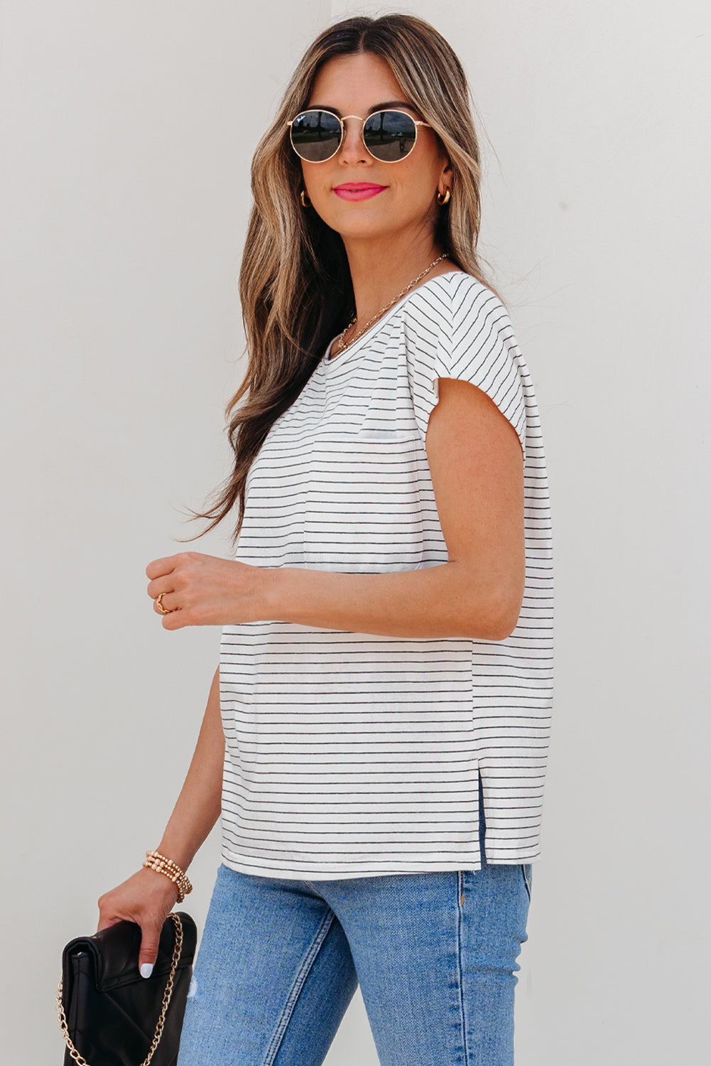Tilly Stripe Cap Sleeve Crew Neck top