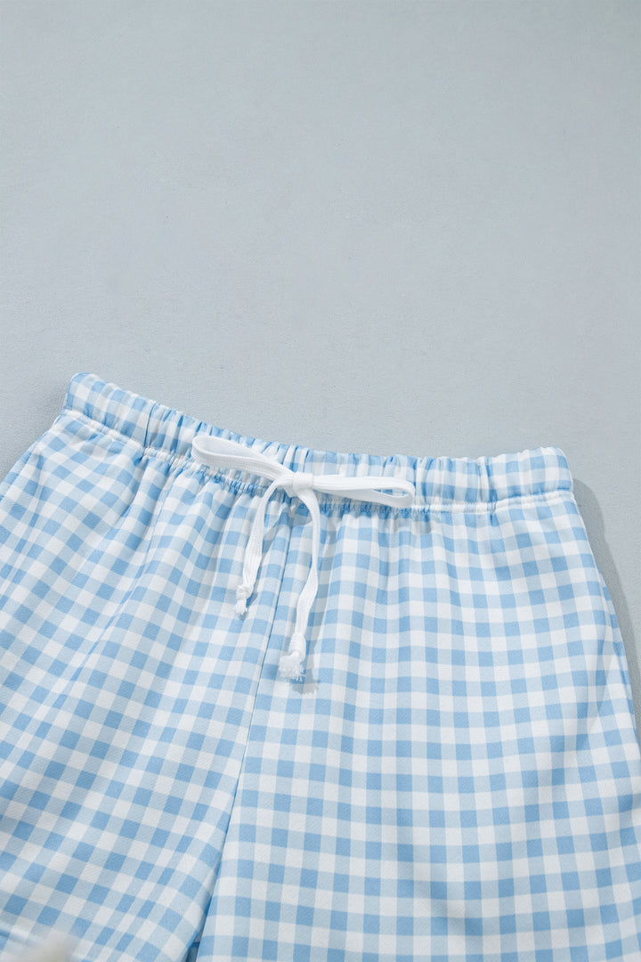 Pink Plaid Baggy Pullover Drawstring Casual Shorts 2pcs Outfit